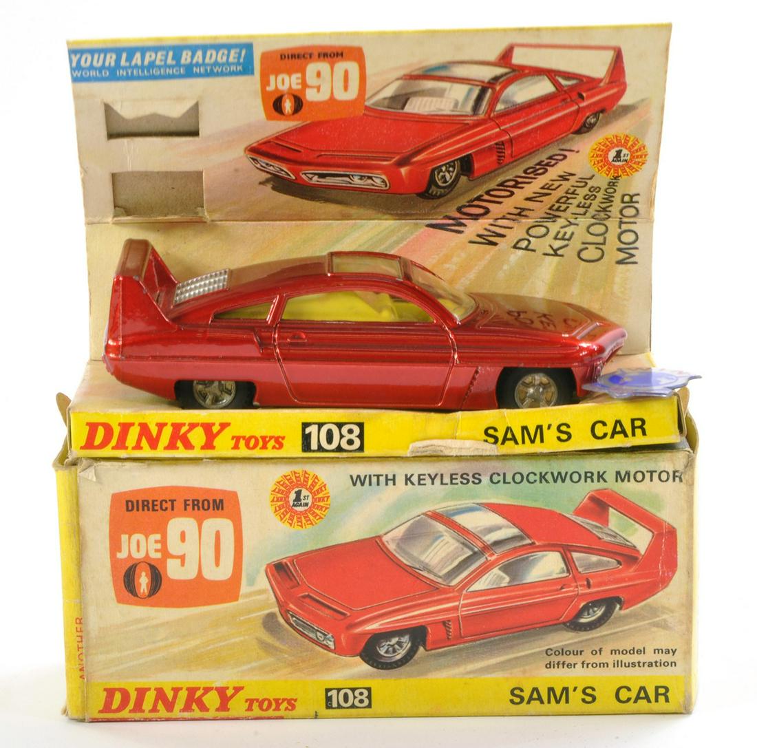 Dinky No. 108 Joe 90 Sam's Car. Metallic red with silver engine cover and yellow interior.: Dinky No. 108 Joe 90 Sam's Car. Metallic red with silver engine cover and yellow interior. Excellent, the odd speck in good box, including badge.