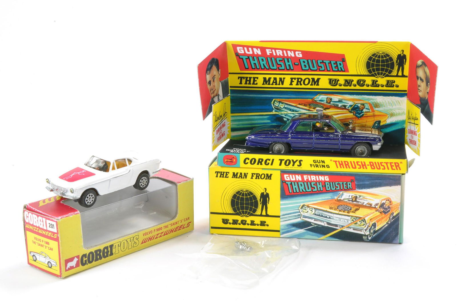 Corgi No. 497 Man from UNCLE plus No. 201 Volvo The Saint's Car. Former is fair in reproduction box,: Corgi No. 497 Man from UNCLE plus No. 201 Volvo The Saint's Car. Former is fair in reproduction box, the latter restored in reproduction box.