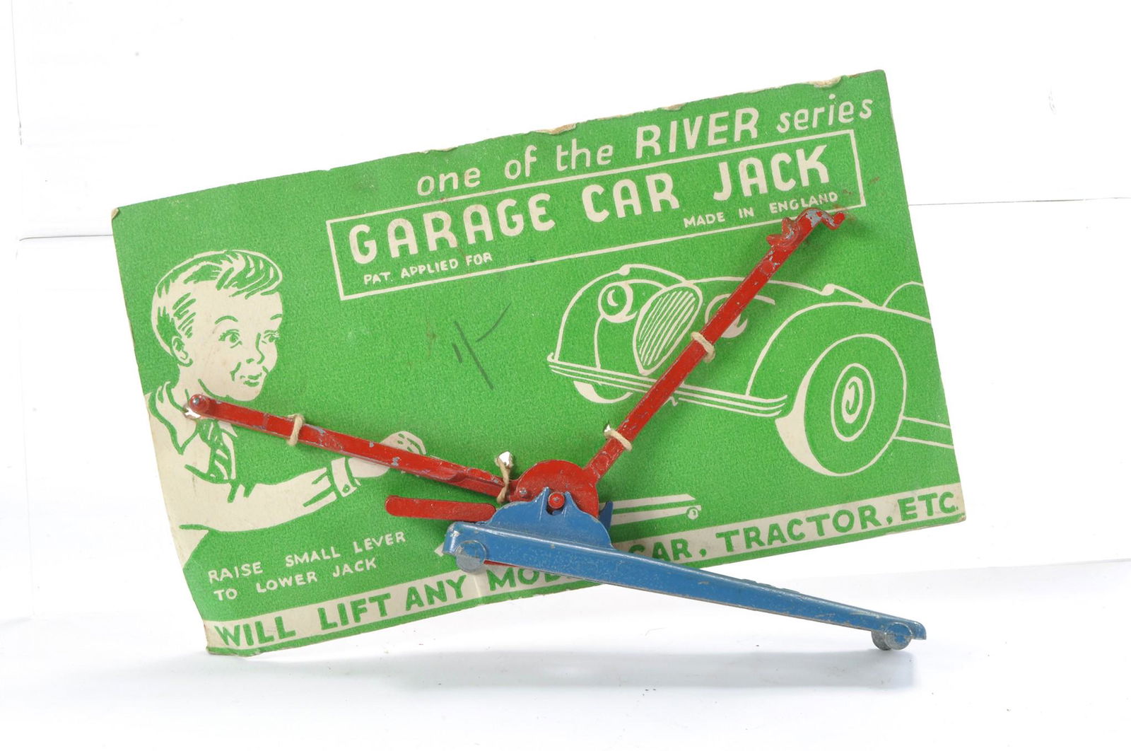 River series Garage Car Jack in red and blue. Secured to cardboard header as shown. (1 of 1)