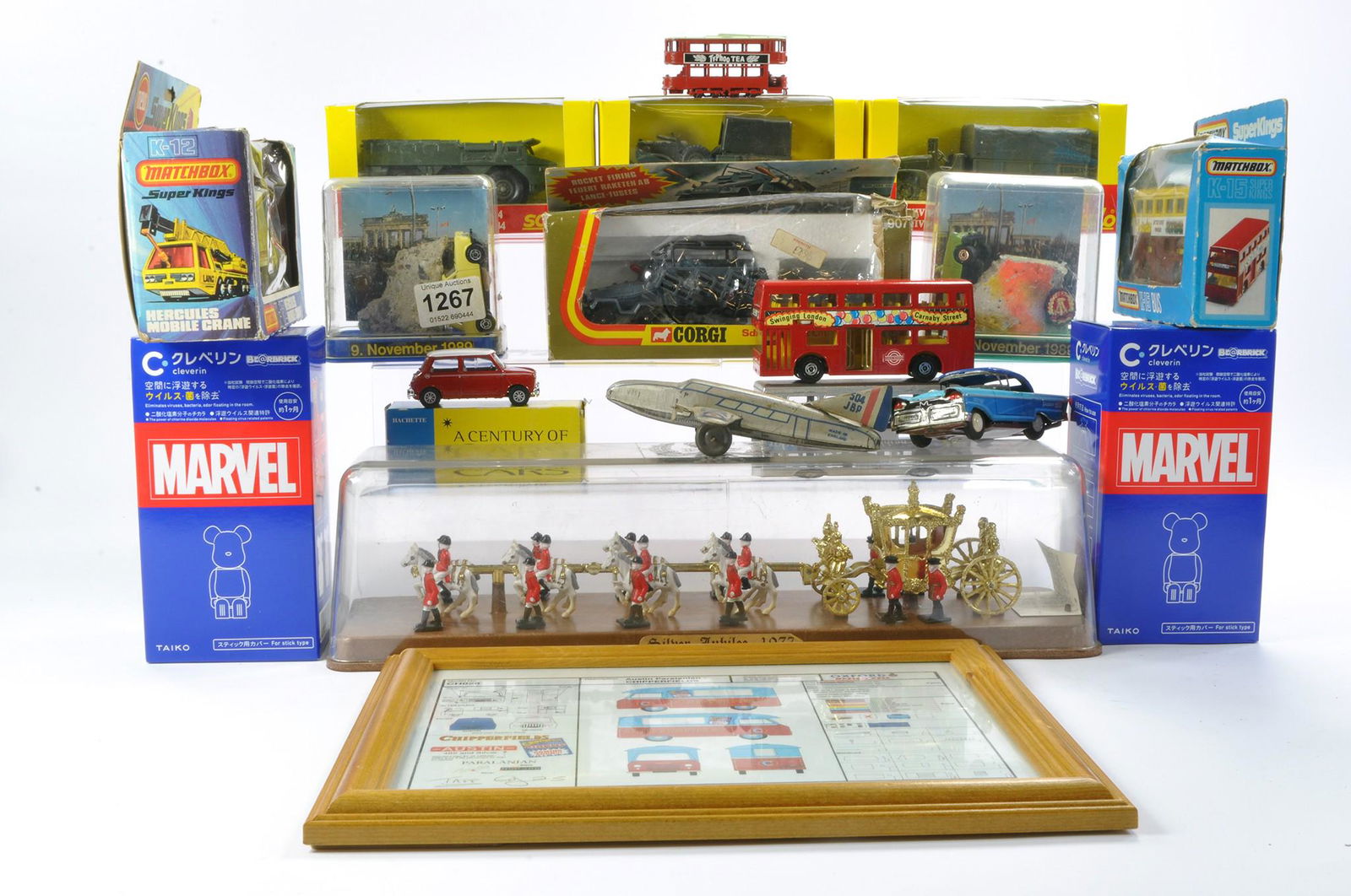 Misc. group of diecast and other items including Solido, Matchbox, Marvel Taiko Bearbrick and (1 of 1)