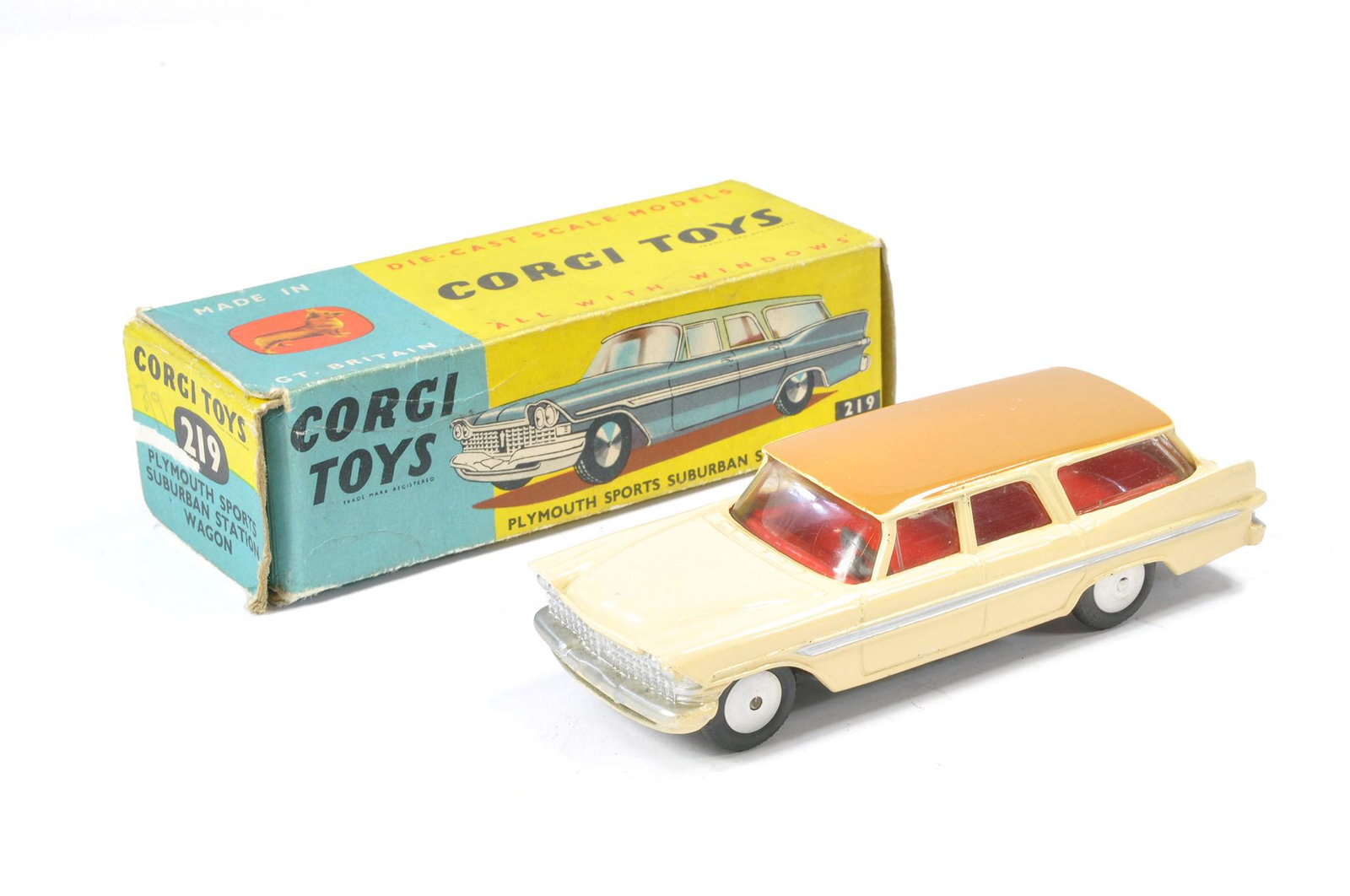 Corgi No. 219 Plymouth Sports Suburban Station Wagon. Cream / light brown with red interior. (1 of 1)