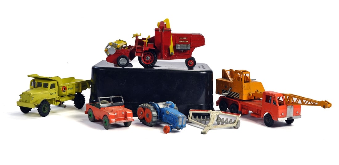 A group of playworn diecast from Corgi and Dinky including Terex Dump Truck, Combine, Coles Crane (1 of 1)