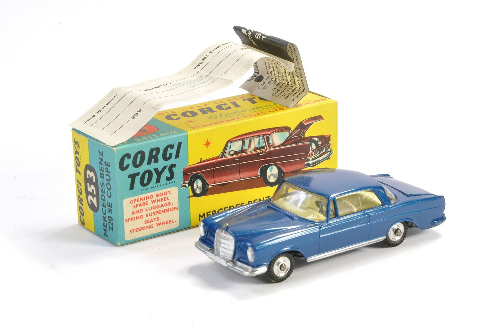 Corgi No. 253 Mercedes Benz 220 SE Coupe. Dark Blue with off-white interior (spare wheel plus brown (1 of 1)