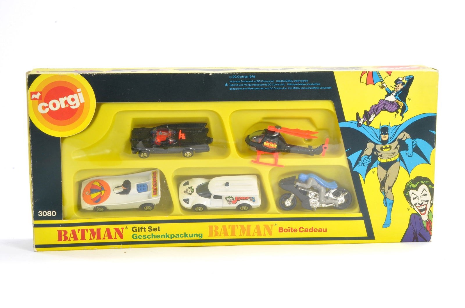 Corgi Juniors no. 3080 'Batman' Gift Set comprising Batmobile, Batcopter, Penguinmobile, Jokermobile (1 of 2)