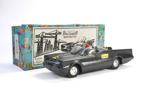 Don Carmelo (Argentina) 1970's very large! scale plastic (1/10 scale) issue of Batman's Batmobile.: Don Carmelo (Argentina) 1970's very large! scale plastic (1/10 scale) issue of Batman's Batmobile. Toy is finished in black with figures. Looks to be generally excellent with little (if any) sign of p