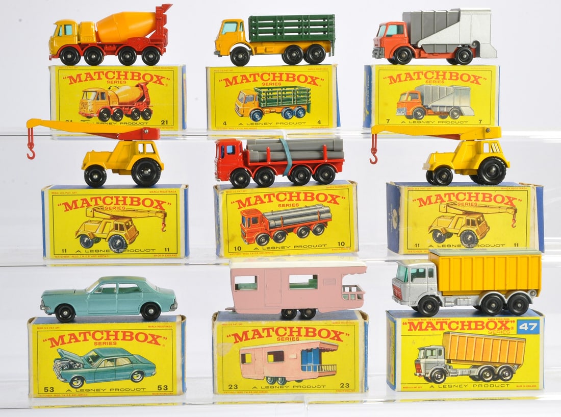 Matchbox Regular wheels comprising nine boxed issues as shown. Jumbo crane, Pipe truck, Ford Zodiac (1 of 1)