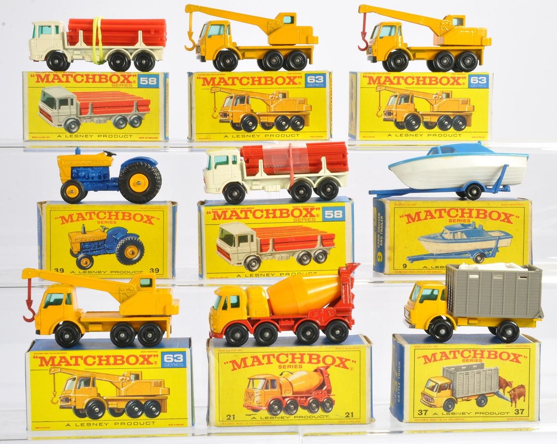 Matchbox Regular wheels comprising nine boxed issues as shown. Crane Truck x 2, Girder Truck / Cow (1 of 1)