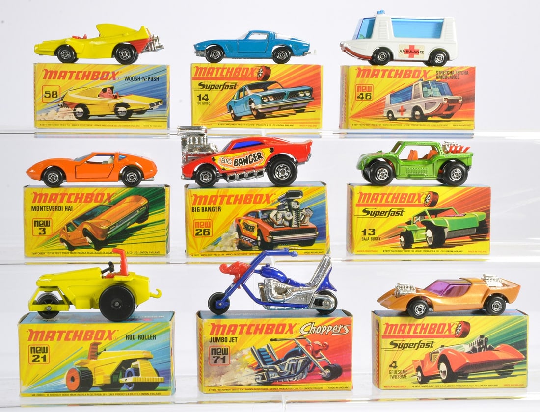 Matchbox Superfast comprising nine boxed issues as shown. Woosh n Push, Iso Grifo, Big Banger etc.: Matchbox Superfast comprising nine boxed issues as shown. Woosh n Push, Iso Grifo, Big Banger etc. Mostly very good or excellent in mostly very good/excellent boxes. Generally Ex-Shop Stock.