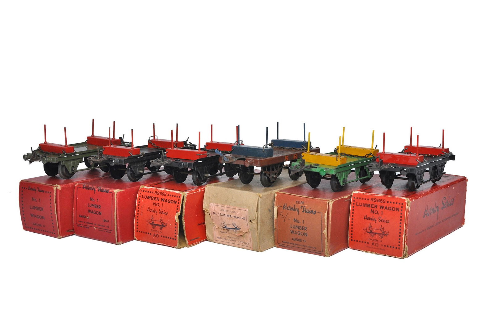 A group of 6 Hornby Model Railway O Gauge No.1 Lumber Wagons including SR. Generally in good to very (1 of 1)