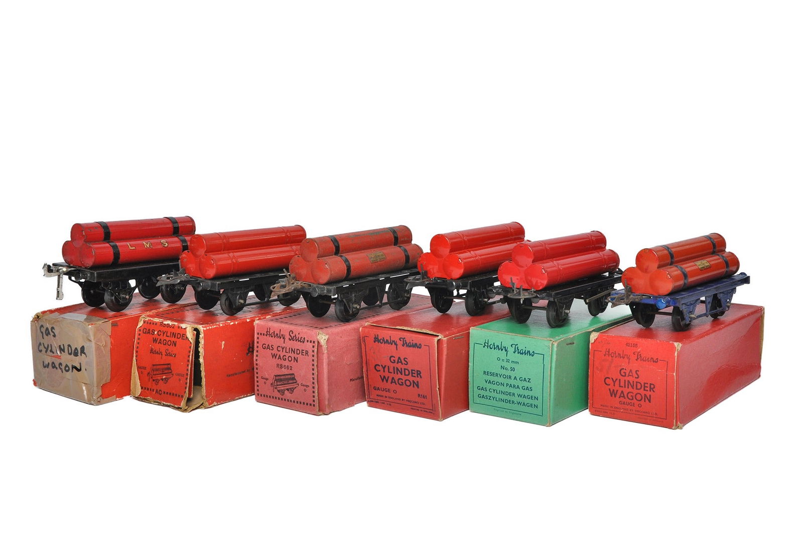 A group of 6 Hornby Model Railway O Gauge Gas Cylinder Wagons including 1 x No.5O and LMS. Generally (1 of 1)