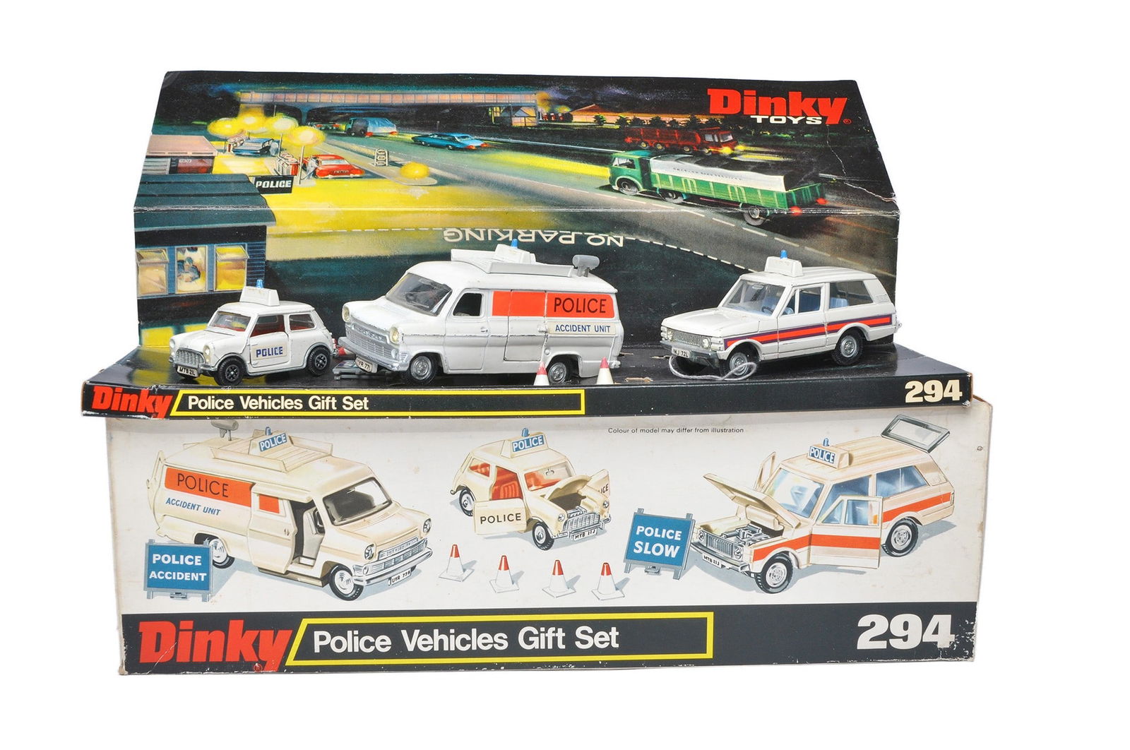 Dinky No. 294 Police vehicle gift set. Contents (trio of vehicles) generally very good, the odd (1 of 1)