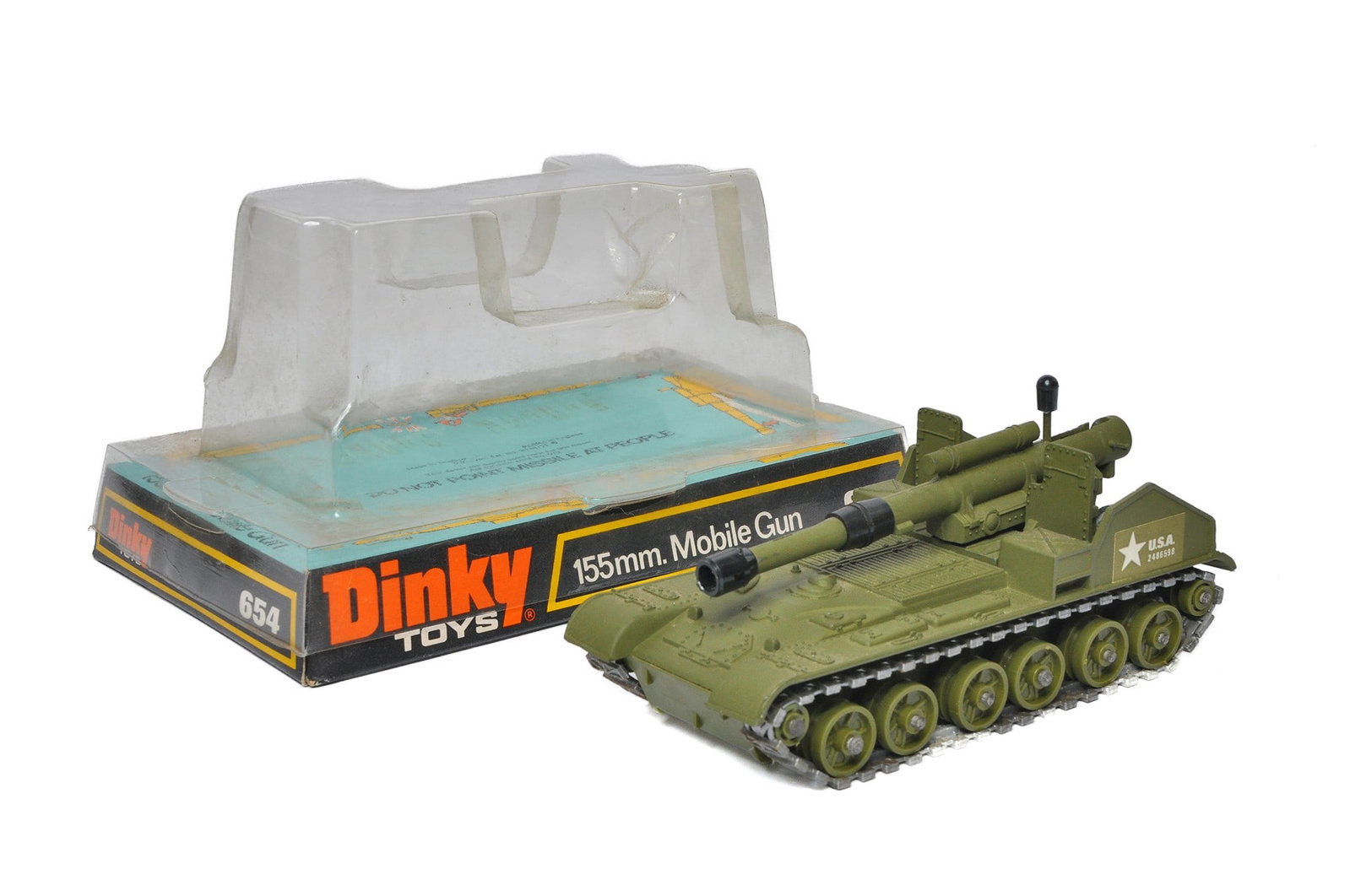 Dinky Military issue comprising No. 654 155mm Mobile Gun. Lacks missiles but still very good to: Dinky Military issue comprising No. 654 155mm Mobile Gun. Lacks missiles but still very good to excellent with good original packaging.