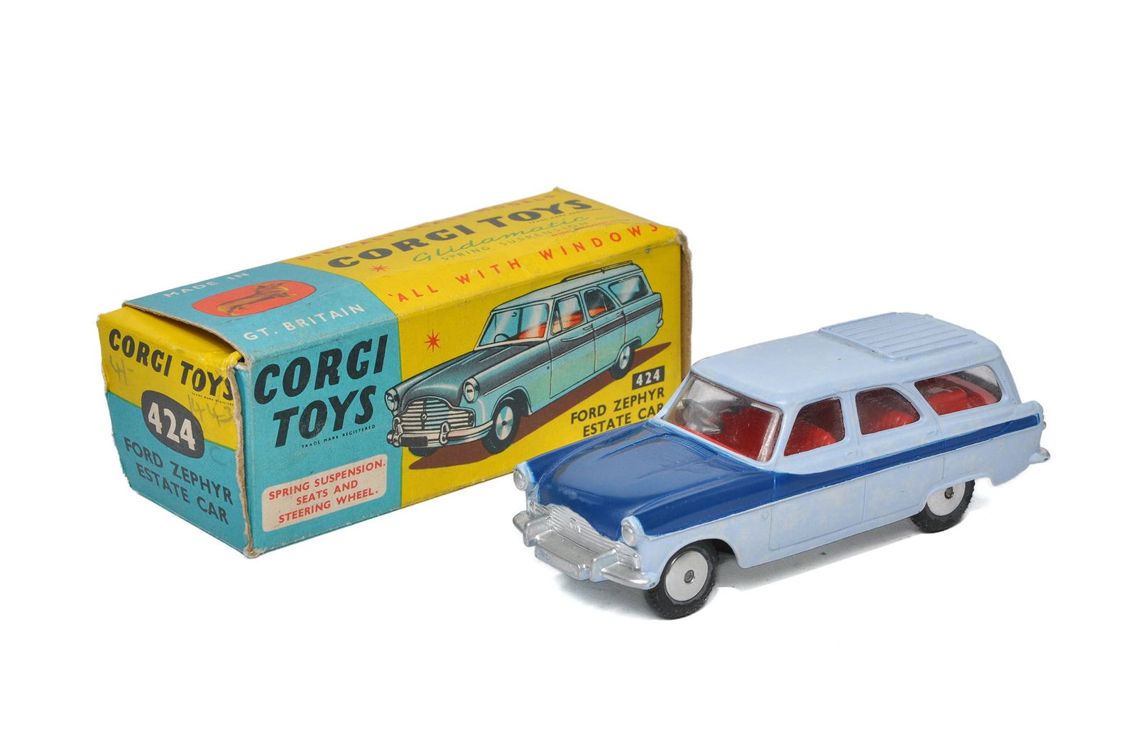 Corgi No. 424 Ford Zephyr Estate Car. Two tone blue with red interior. Generally excellent with only (1 of 1)