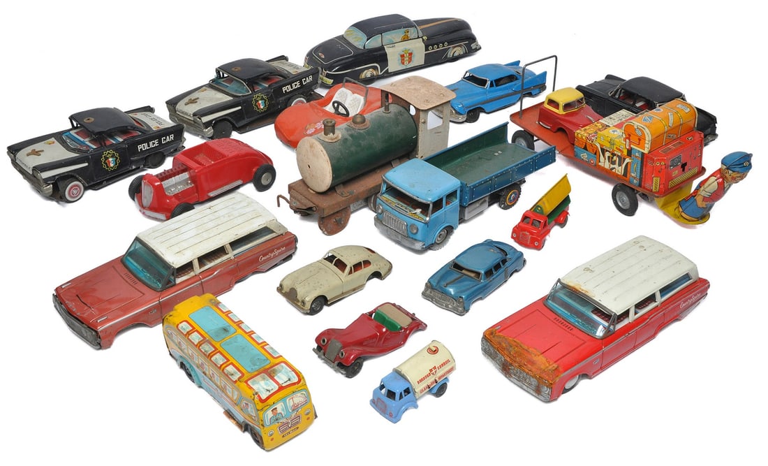 A large collection of vintage tinplate toys from various makers including Scalex, Minimodels, (1 of 1)
