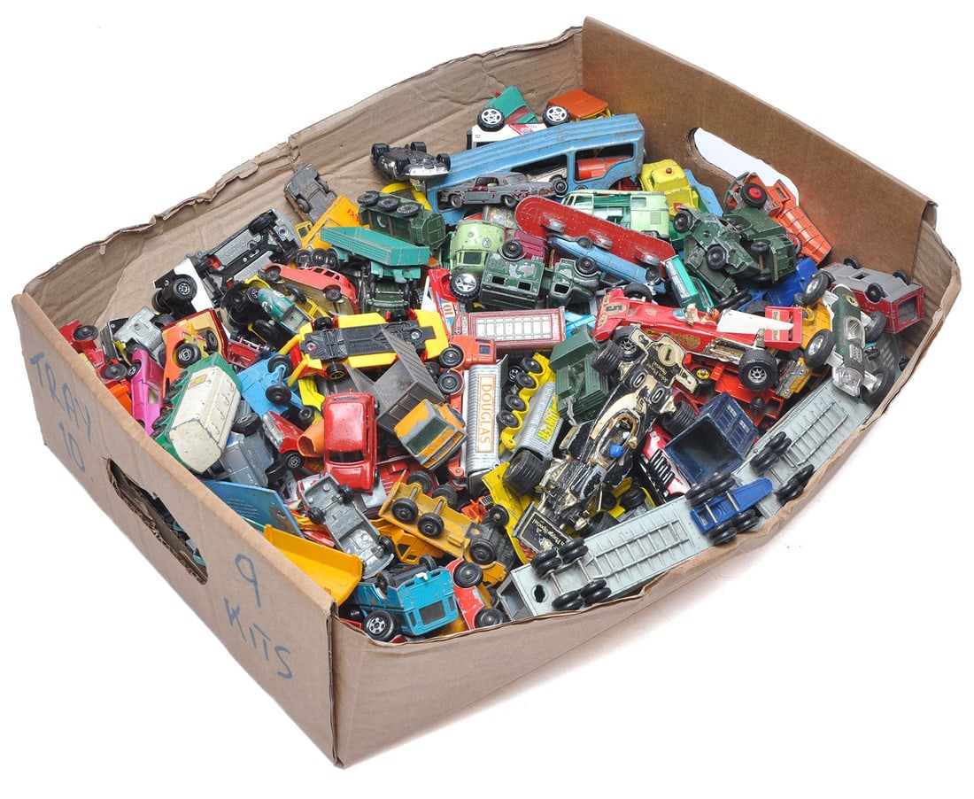 A box of worn diecast toys comprising cars and commercials, mostly Matchbox Regular wheels with some (1 of 1)