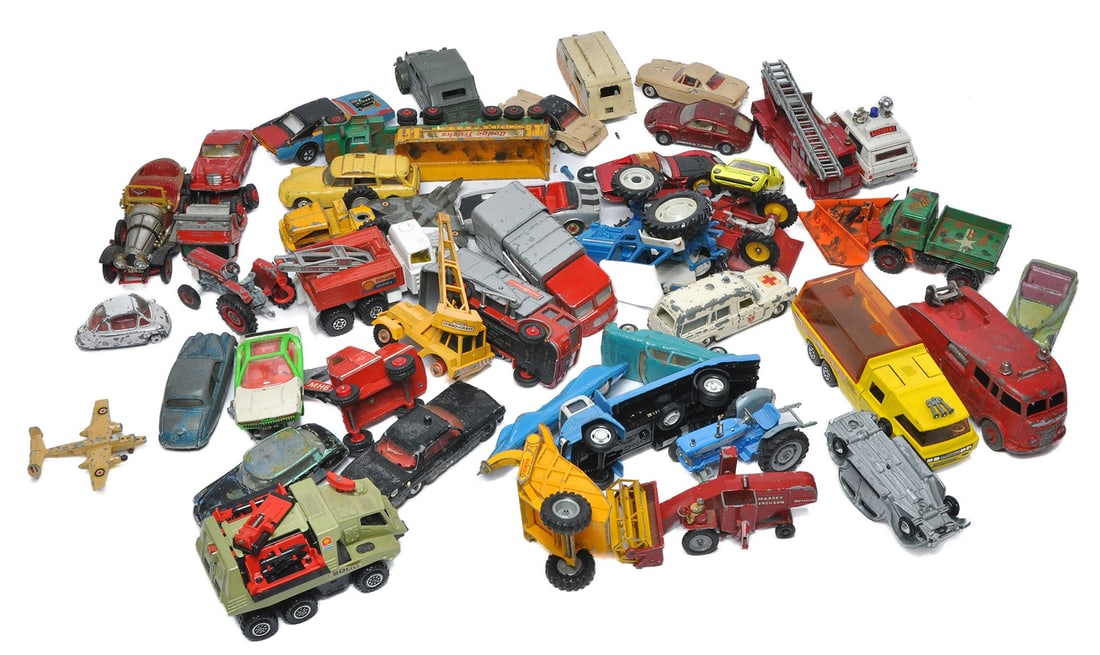 A box of worn diecast toys comprising cars and commercials, from Corgi, Dinky and Matchbox as shown.: A box of worn diecast toys comprising cars and commercials, from Corgi, Dinky and Matchbox as shown.