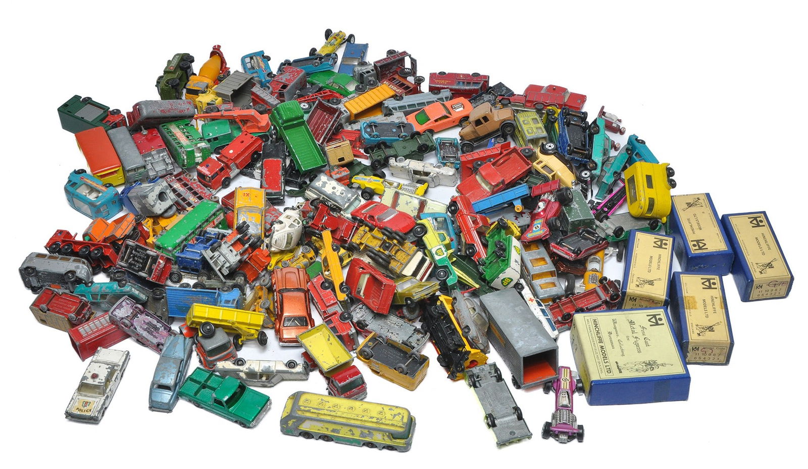 A box of worn diecast toys comprising cars and commercials, mostly Matchbox Regular wheels with some (1 of 1)