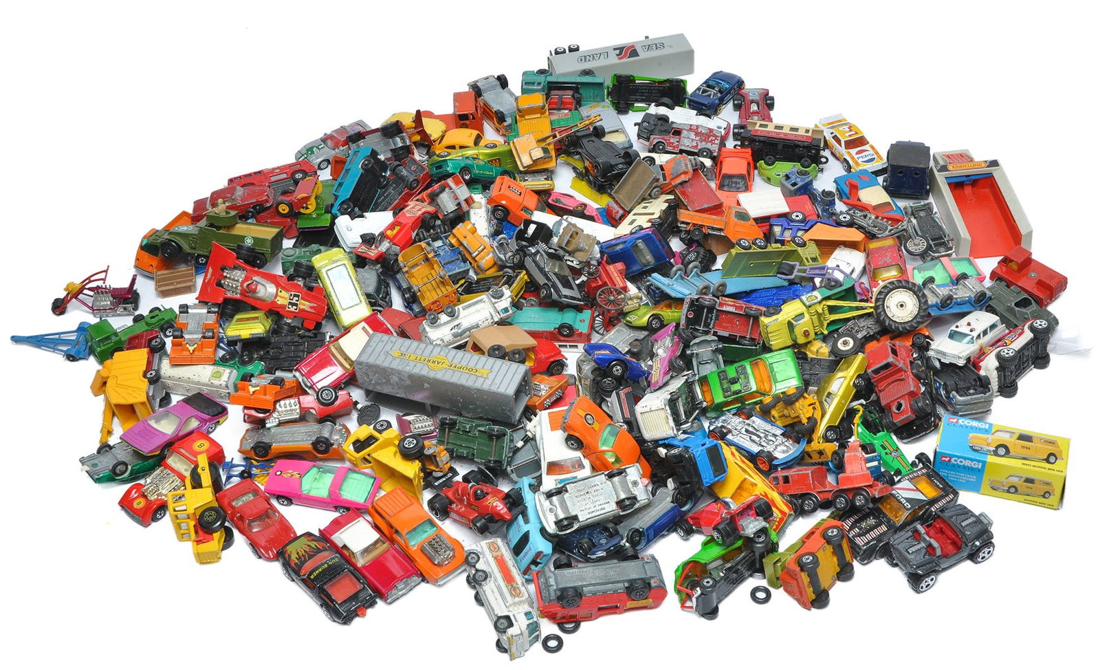 A box of worn diecast toys comprising cars and commercials, mostly Matchbox Regular wheels with some (1 of 1)