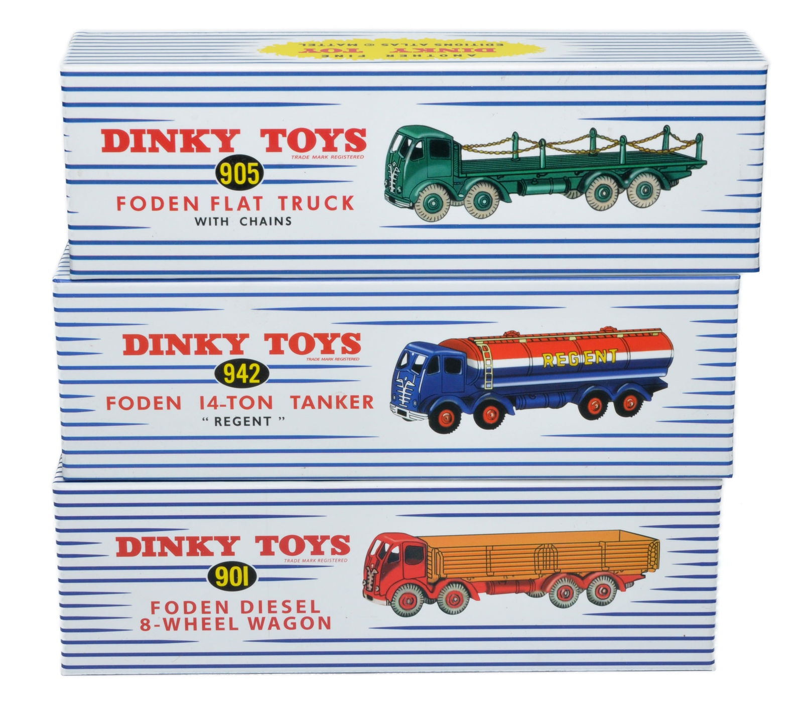 A group of three Atlas Dinky diecast model commercial issues as shown. Foden. All look to be (1 of 1)