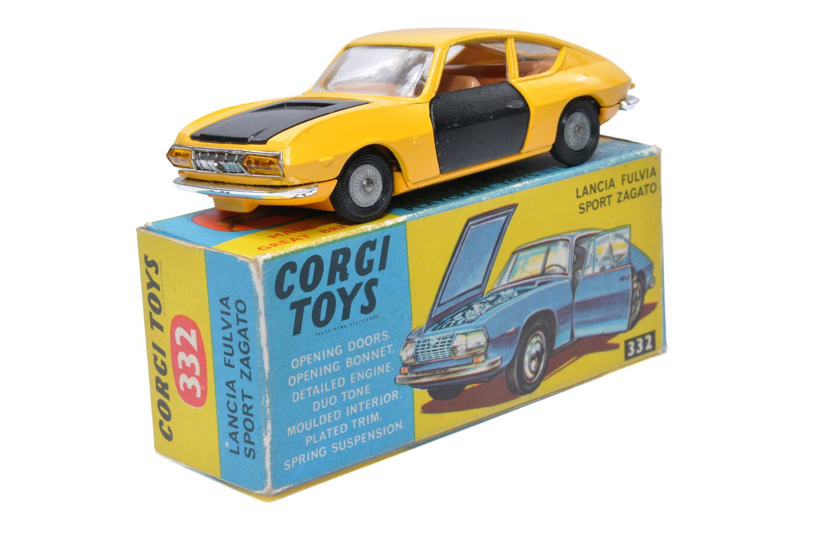 Corgi No. 332 Lancia Fulvia Sport Zagato. Yellow / Black with Brown interior. Cast Hubs. Generally (1 of 2)