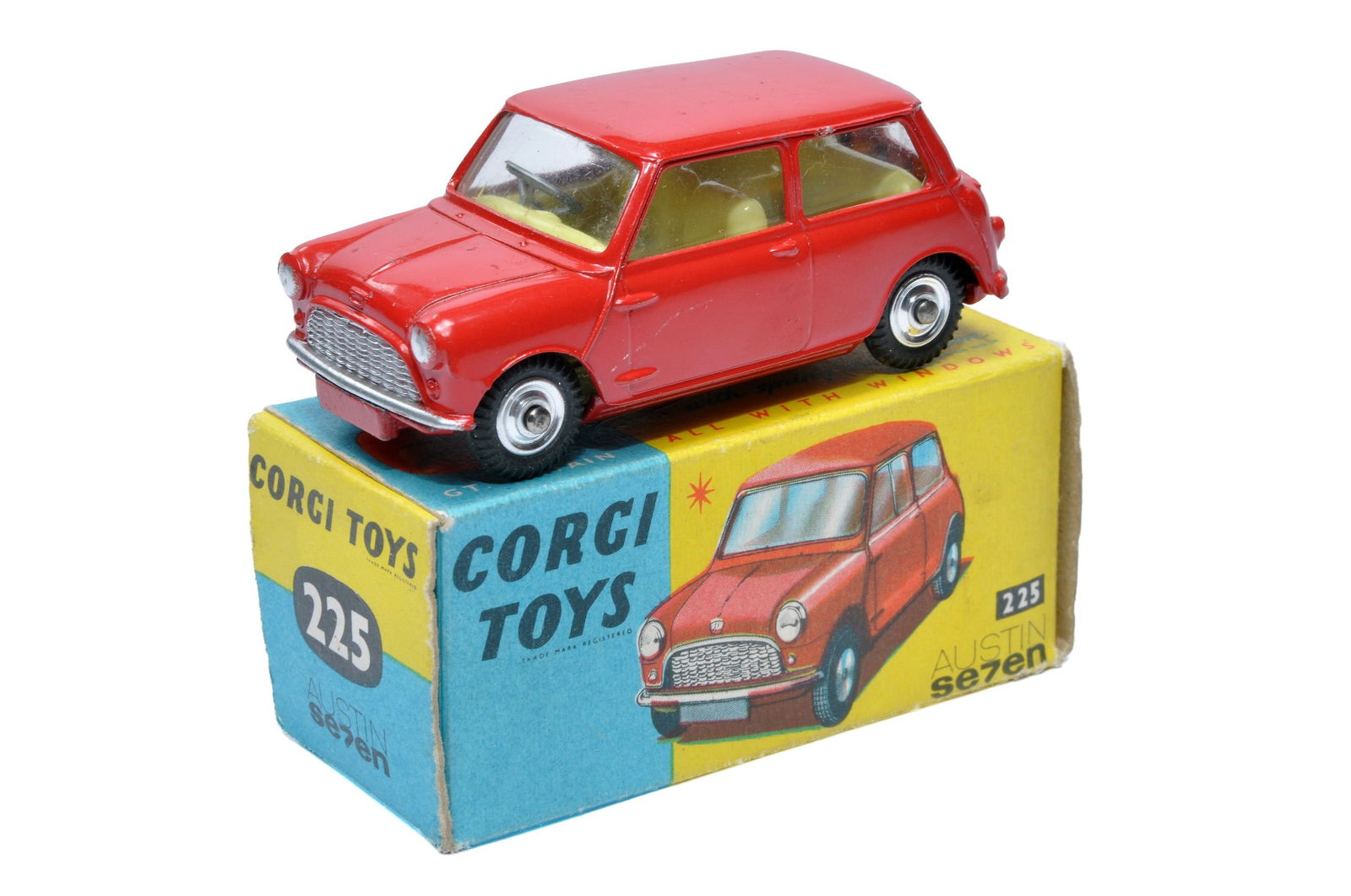 Corgi No. 225 Austin Seven Mini. Red with lemon interior. Spun Hubs. Generally Excellent, the odd (1 of 2)