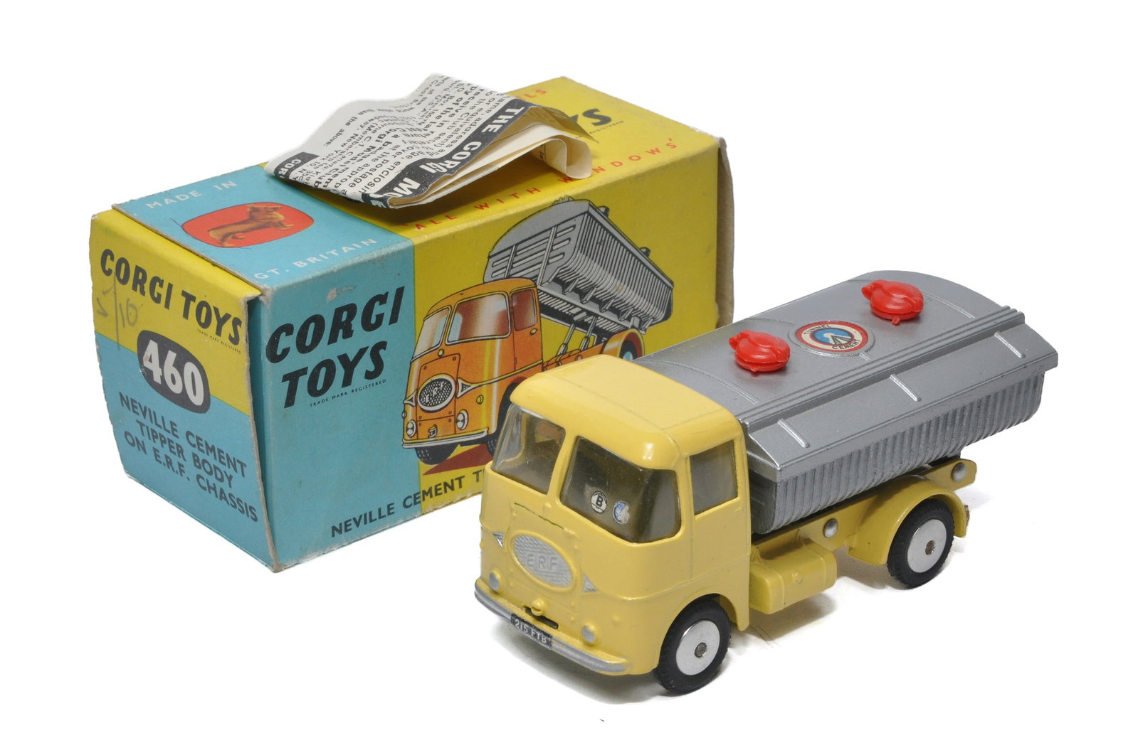 Corgi No. 460 Neville Cement Tipper on ERF Chassis. Pale Yellow. Flat Spun hubs. Generally displays: Corgi No. 460 Neville Cement Tipper on ERF Chassis. Pale Yellow. Flat Spun hubs. Generally displays excellent, little sign of wear. In very good to excellent original box. Plus leaflet.