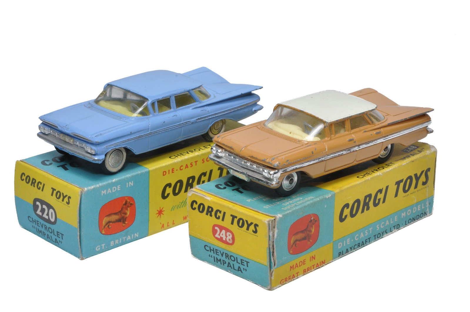 Corgi duo of No. 220 and 248 Chevrolet Impala. Both display generally fair to good and good. In fair: Corgi duo of No. 220 and 248 Chevrolet Impala. Both display generally fair to good and good. In fair to good and very good boxes.