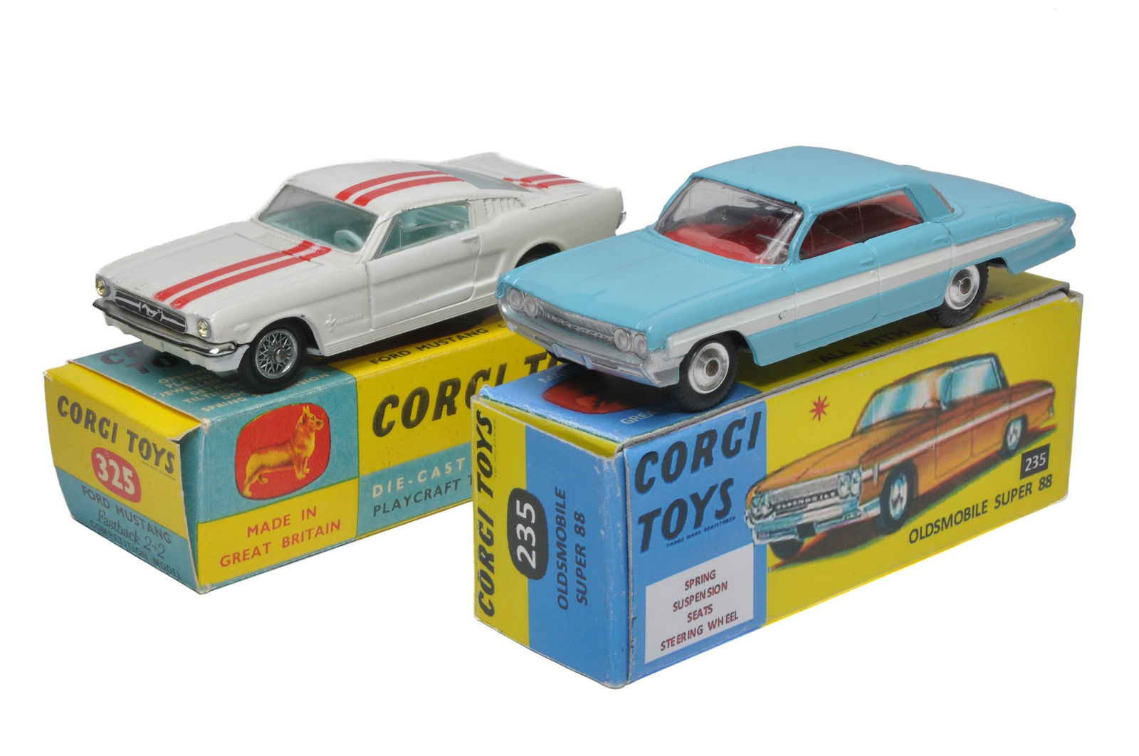 Corgi duo of No. 325 Ford Mustang Fastback plus No. 235 Oldsmobile Super 88. Both display generally (1 of 1)