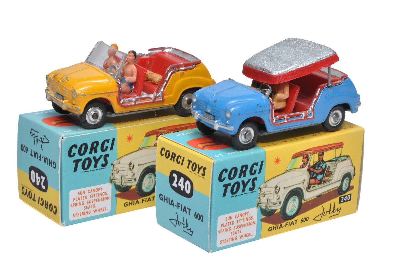 Corgi duo of No. 240 Ghia-Fiat 600 (Colour variations). Both display generally fair (damage). In: Corgi duo of No. 240 Ghia-Fiat 600 (Colour variations). Both display generally fair (damage). In reproduction boxes.