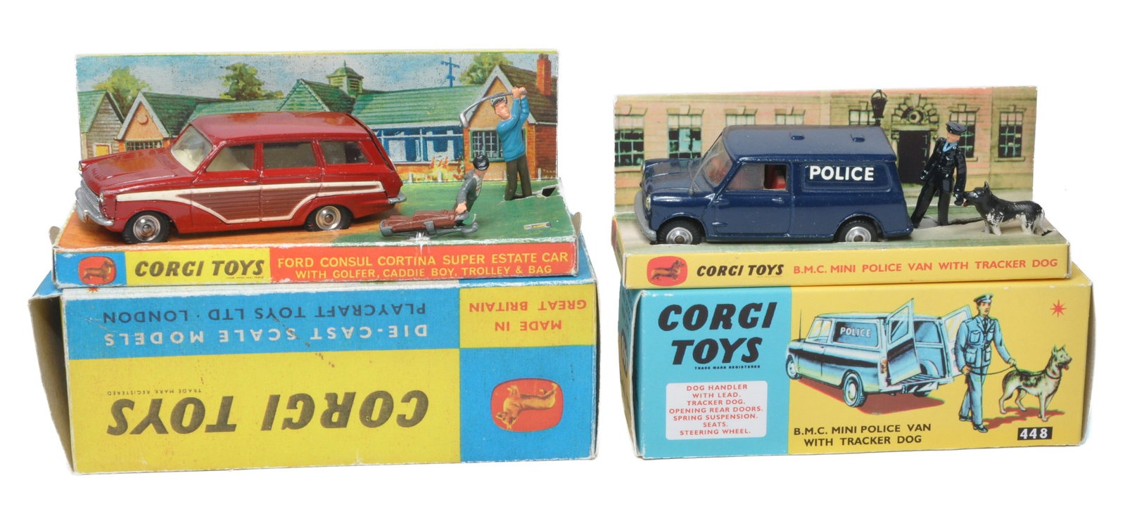 Corgi No. 440 Ford Consul Cortina Set plus No. 448 BMC Mini Police. Generally good to very good,: Corgi No. 440 Ford Consul Cortina Set plus No. 448 BMC Mini Police. Generally good to very good, some more notable marks of wear in places. In reproduction boxes.