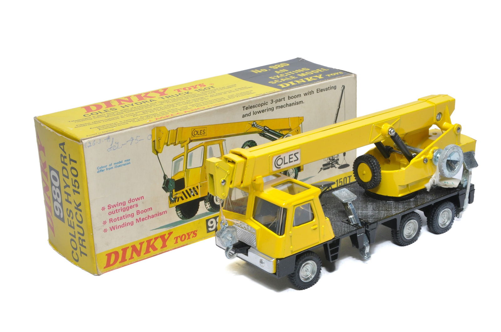 Dinky No. 980 Coles Hydra 150T Crane Truck. Yellow, black interior. Displays excellent with little (1 of 2)