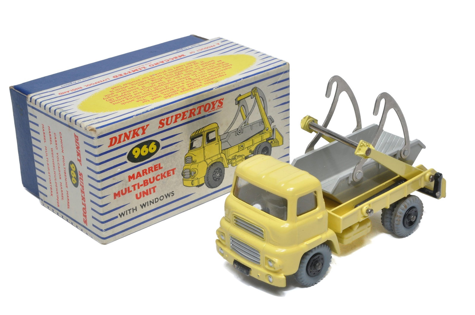 Dinky No. 966 Marrel Multi-Bucket Skip Truck with windows. Lemon yellow, grey. Displays excellent: Dinky No. 966 Marrel Multi-Bucket Skip Truck with windows. Lemon yellow, grey. Displays excellent with little sign of wear in good to very good box, inc inner packing piece.