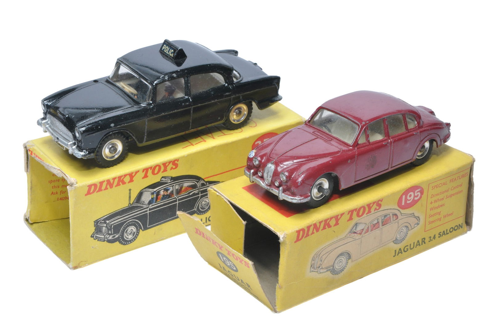 Dinky duo comprising No. 256 Police Patrol Car, good in fair box (missing flaps) plus No. 195 Jaguar (1 of 1)