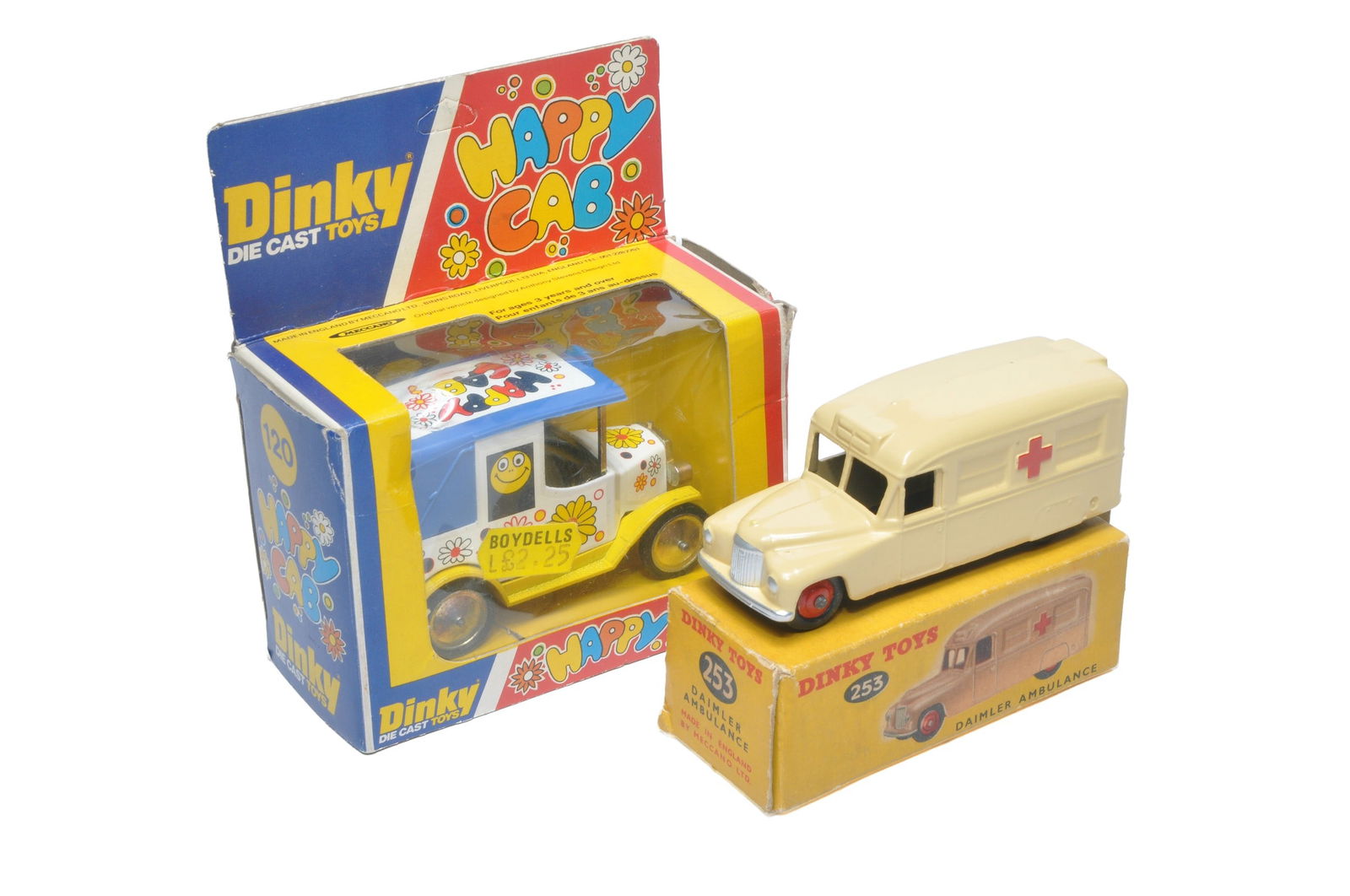 Dinky duo comprising Daimler Ambulance and Happy Cab. Daimler is very good to excellent, box is fair (1 of 1)