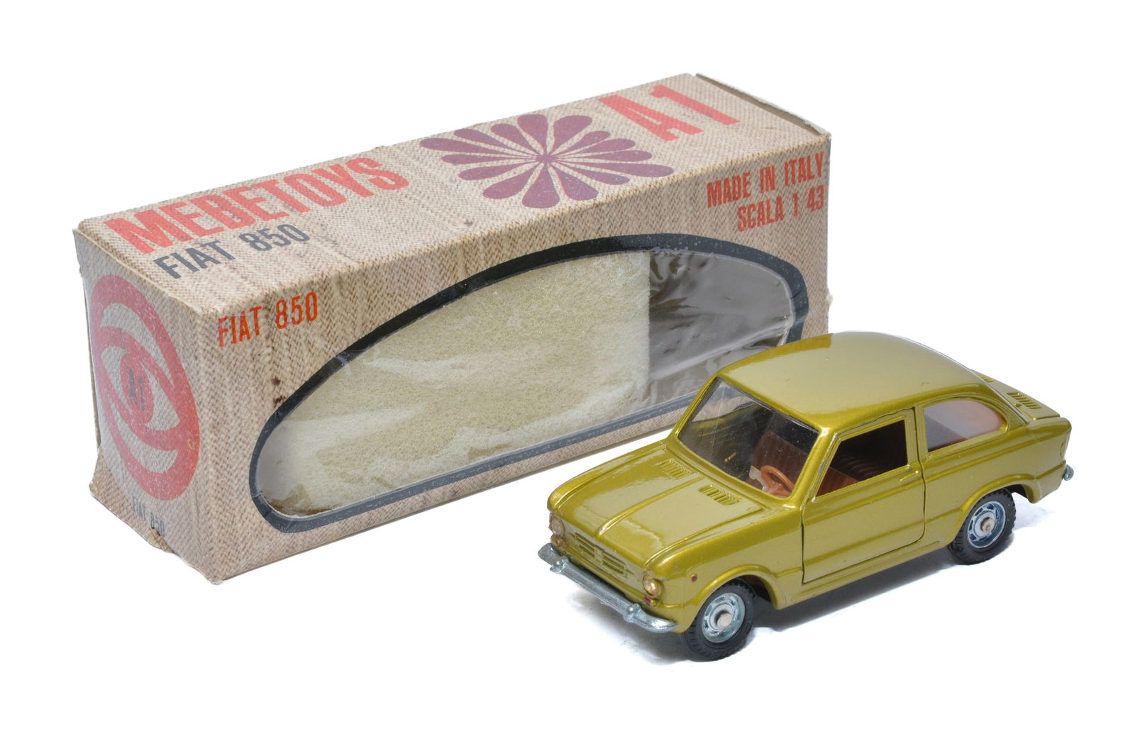 Mebetoys No. A1 Fiat 850. Metallic lime green with brown interior. Displays excellent, a couple of (1 of 2)