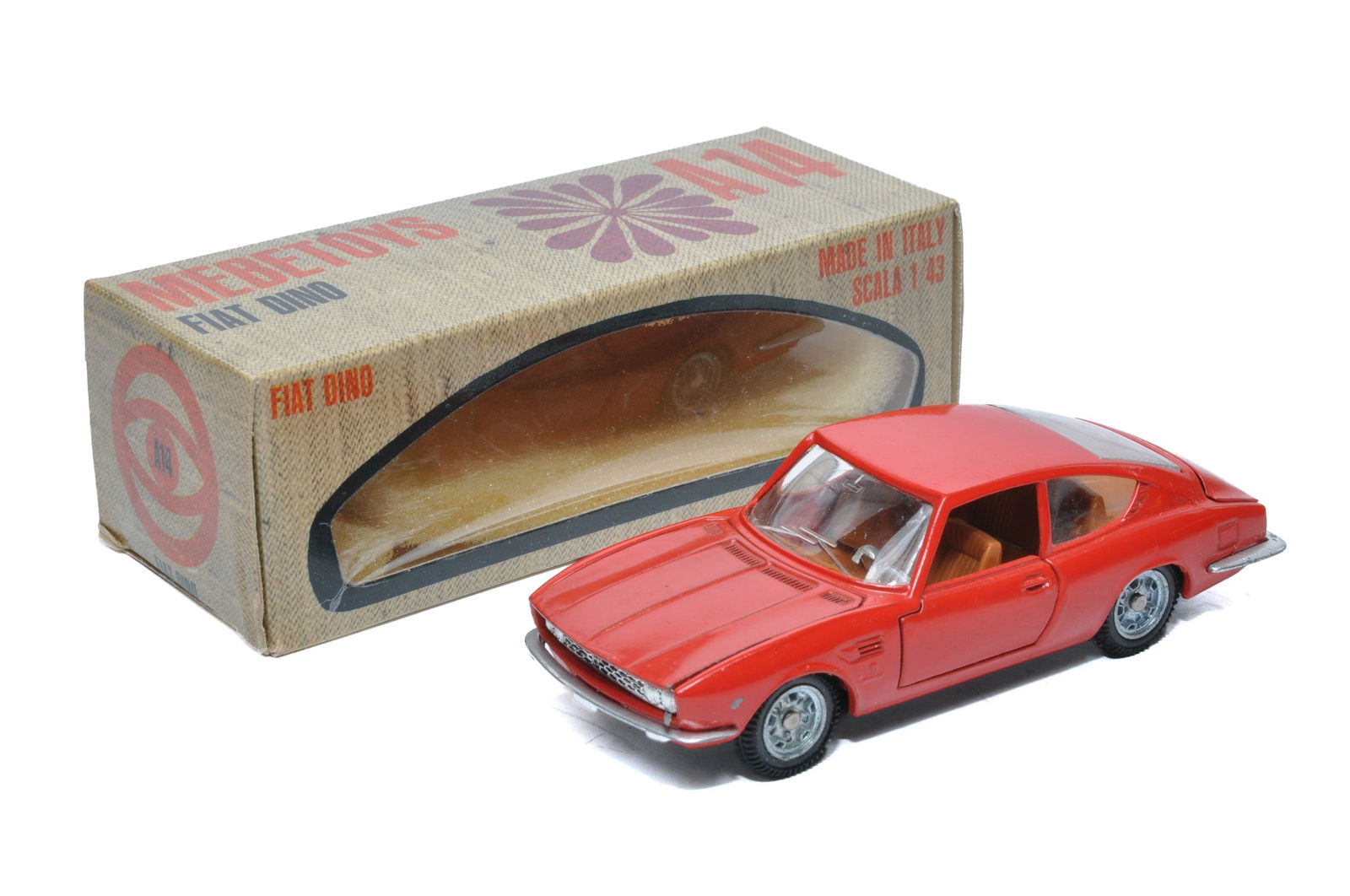 Mebetoys No. A14 Fiat Dino Coupe. Red with brown interior. Displays excellent, the odd speck of (1 of 2)