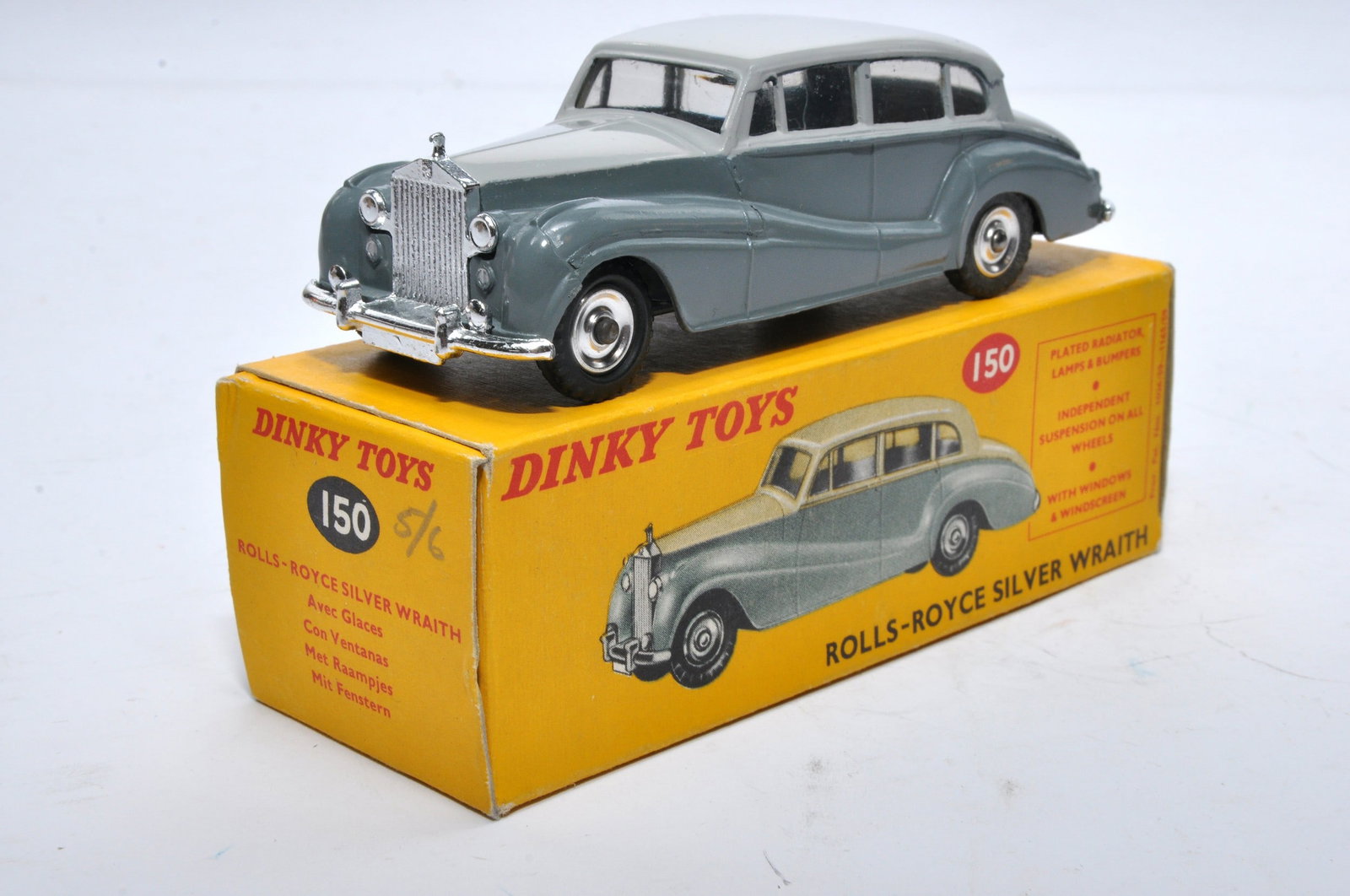 Dinky No. 150 Rolls Royce Silver Wraith. Single issue is two-tone grey, with chrome hubs, as shown. (1 of 3)