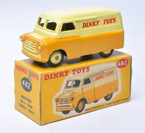 Dinky No. 482 Bedford Van, Dinky Toys. Single issue is in two-tone tan and yellow, with yellow hubs,