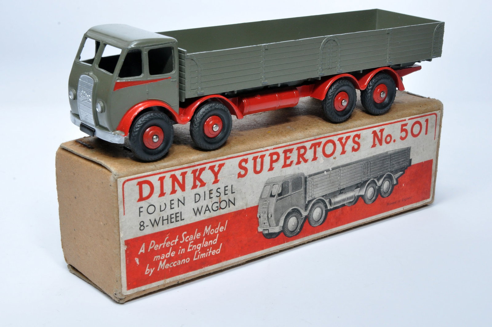 Dinky No. 501 Foden 8-Wheel Diesel Wagon, type 1. Single issue is in dark grey, with red flash, plus (1 of 2)