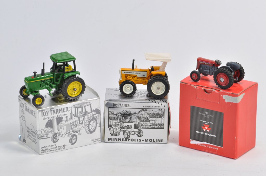 Ertl Toy Farmer 1/43 Special editions including JD 4230: Ertl Toy Farmer 1/43 Special editions including JD 4230 and MM G950 Tractor Models. Plus Corgi Massey Ferguson 65 Rare Code 3 Issue. A with boxes. (3)