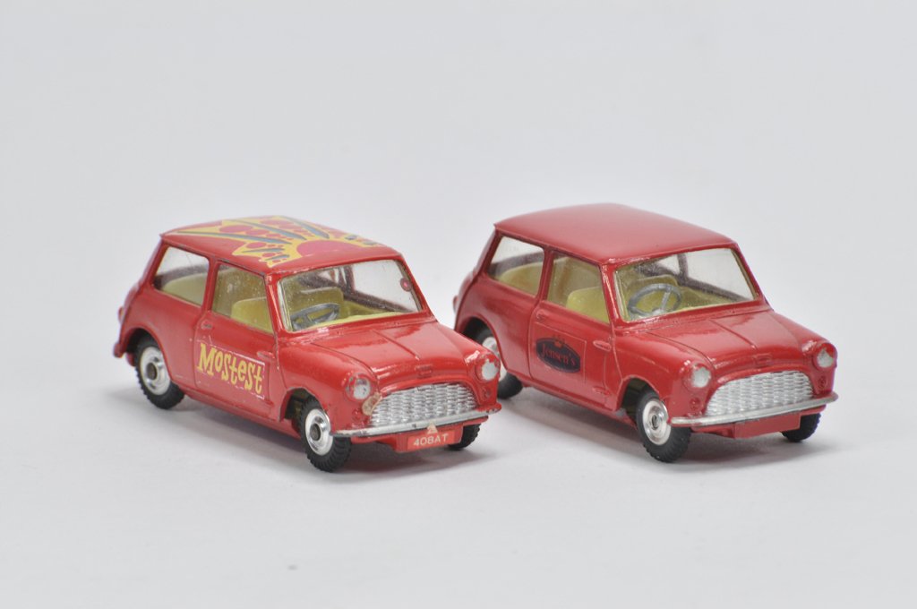 Corgi No. 349 Morris Mini-Minor Pop-Art Mostest: Corgi No. 349 Morris Mini-Minor Pop-Art Mostest Edition. Looks Code 3 plus Corgi No. 225 Austin Seven Mini Jensen's. Again likely to be code 3 edition. Both B. (2)