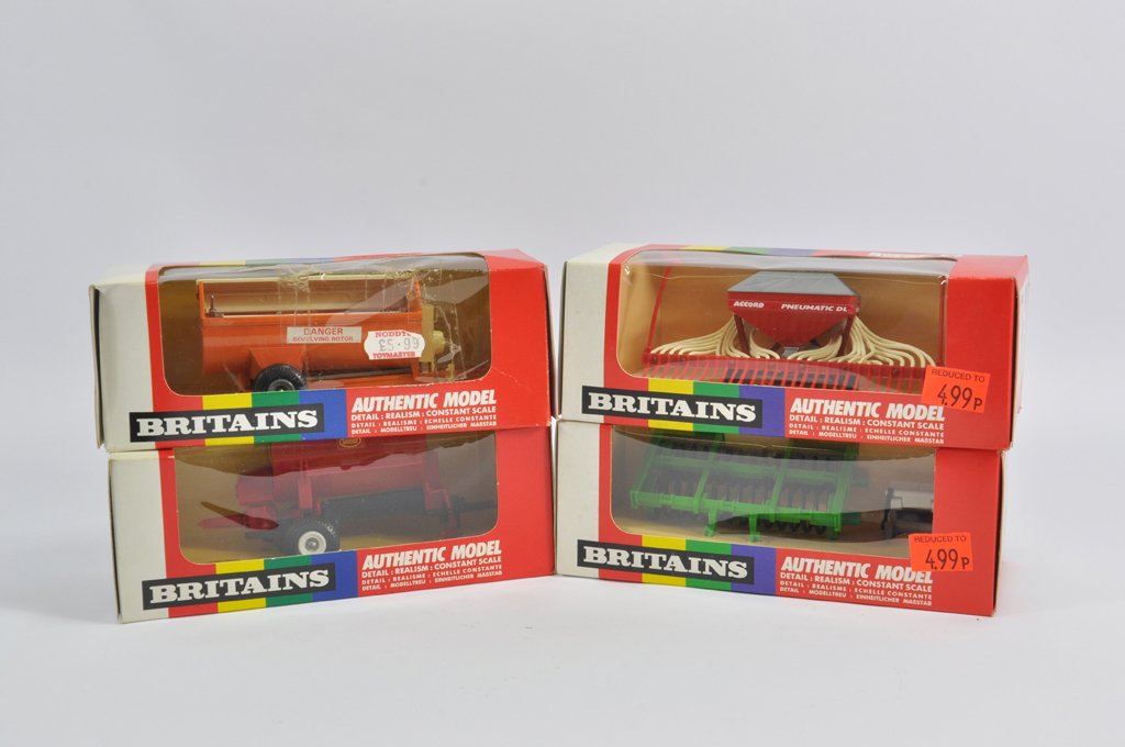 Britains 1/32 Implement Group including Manure: Britains 1/32 Implement Group including Manure Spreader,Vicon Spreader, Accord Drill and Front Mounted Press. All M in G to E Boxes. (4)