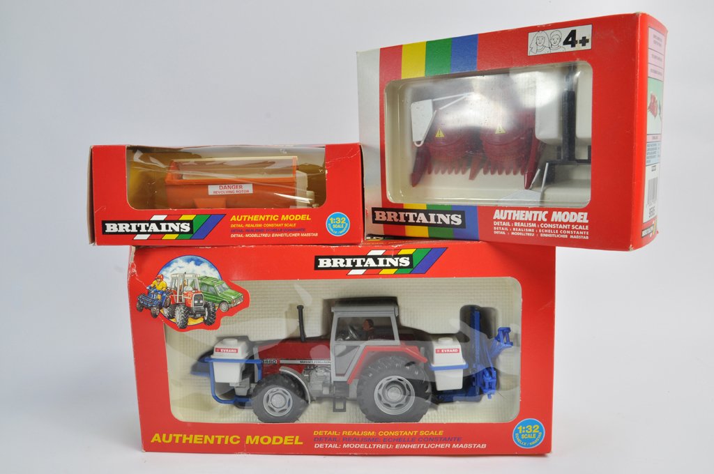 Britains Massey Ferguson 3680 Tractor with Evrard Crop: Britains Massey Ferguson 3680 Tractor with Evrard Crop Sprayer, Kemper Header and Howard Manure Spreader. All M in G to VG Boxes. (3)