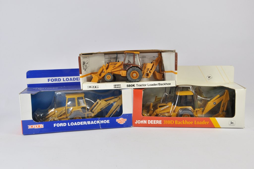 Ertl 1/32 Case 580K backhoe Loader, Ford Backhoe and: Ertl 1/32 Case 580K backhoe Loader, Ford Backhoe and John Deere 310D. All M in G to VG Boxes. Rare issues. (3)