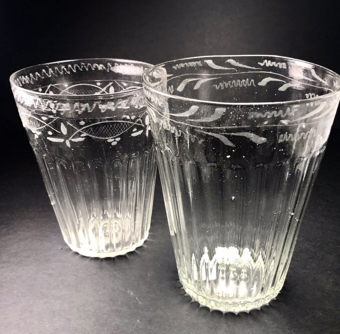 TWO LARGE ENGRAVED PANELED FLIP GLASSES (1 of 3)