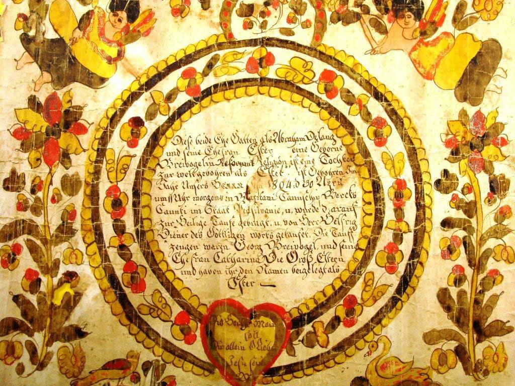 “THE BLOW ANGEL” ARTIST, BERKS COUNTY PA FRAKTUR, 1811: Water color & ink on paper, Berks county, Pennsylvania, depicting cherubic angels not blowing horns, with stylized swan and sparrow, colors of mustard , red orange, and golden brown predominate: origi