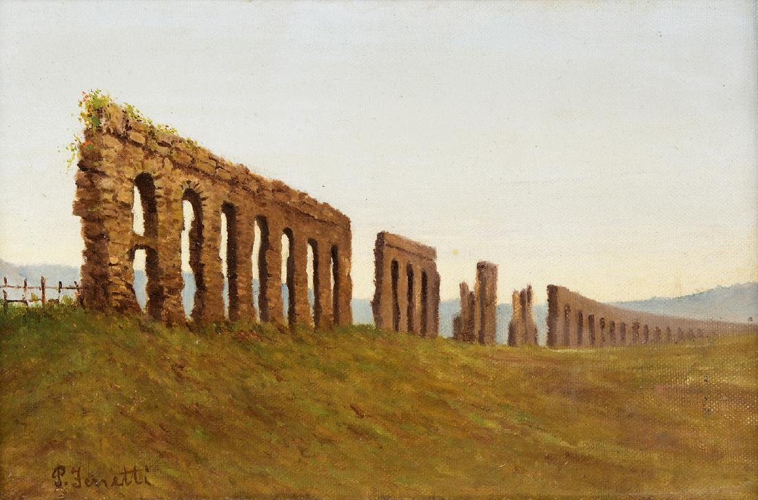 PAOLO FERRETTI - Felix Aqueduct: PAOLO FERRETTI Rome, 1864 â€“ Anzio, 1937 Felix Aqueduct Oil on cardboard, 19,5 x 31 cm Signed lower left: P. Ferretti