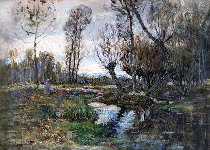 LEONARDO BISTOLFI - River landscape, 20â€™s: LEONARDO BISTOLFI Casale Monferrato (AL), 1859 - La Loggia (TO), 1933 River landscape, 20â€™s Oil on board, 24 x 33 cm Autograph signatures and signed lower left