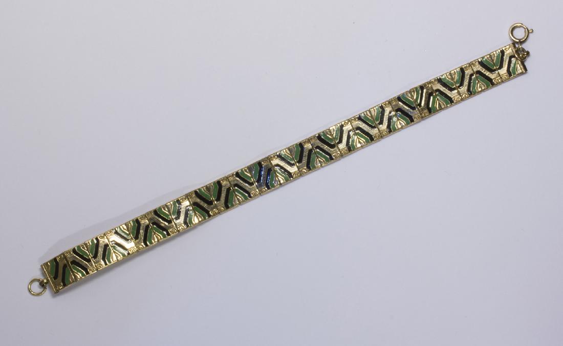 VINTAGE JACOB BENGEL BRACELET: Vintage Jacob Bengel green and black enamelled brass bracelet, Germany 1930s. measures: 19 cm