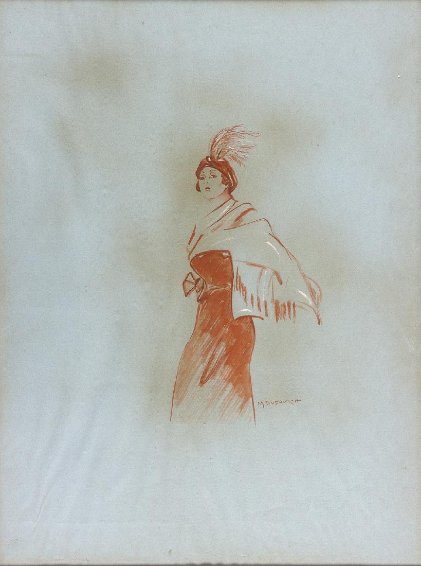 MARCELLO DUDOVICH - Female portrait with cloak and: MARCELLO DUDOVICH Trieste, 1878 - Milano, 1962 Female portrait with cloak and plumed hat Sanguine on paper, 39,5 x 24 cm Signed lower right: M. Dudovich